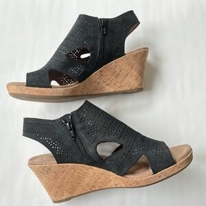 Rockport Cobb Hill Womens Janna Wedge Sandals 11 M Leather Black Slingback Shoes